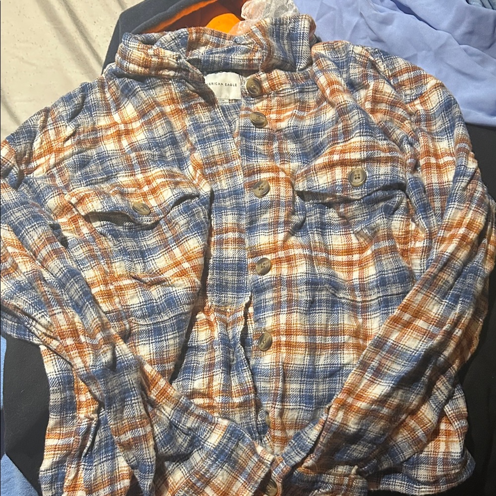 American Eagle Outfitters Blue and Orange Plaid Shirt